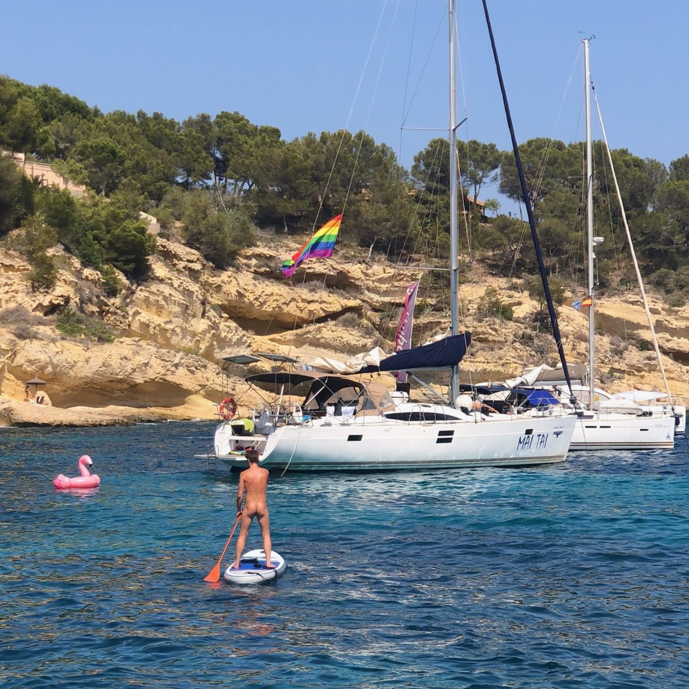 Saltyboys Nude Sailing Cruise Mallorca Ibiza with naked SUP