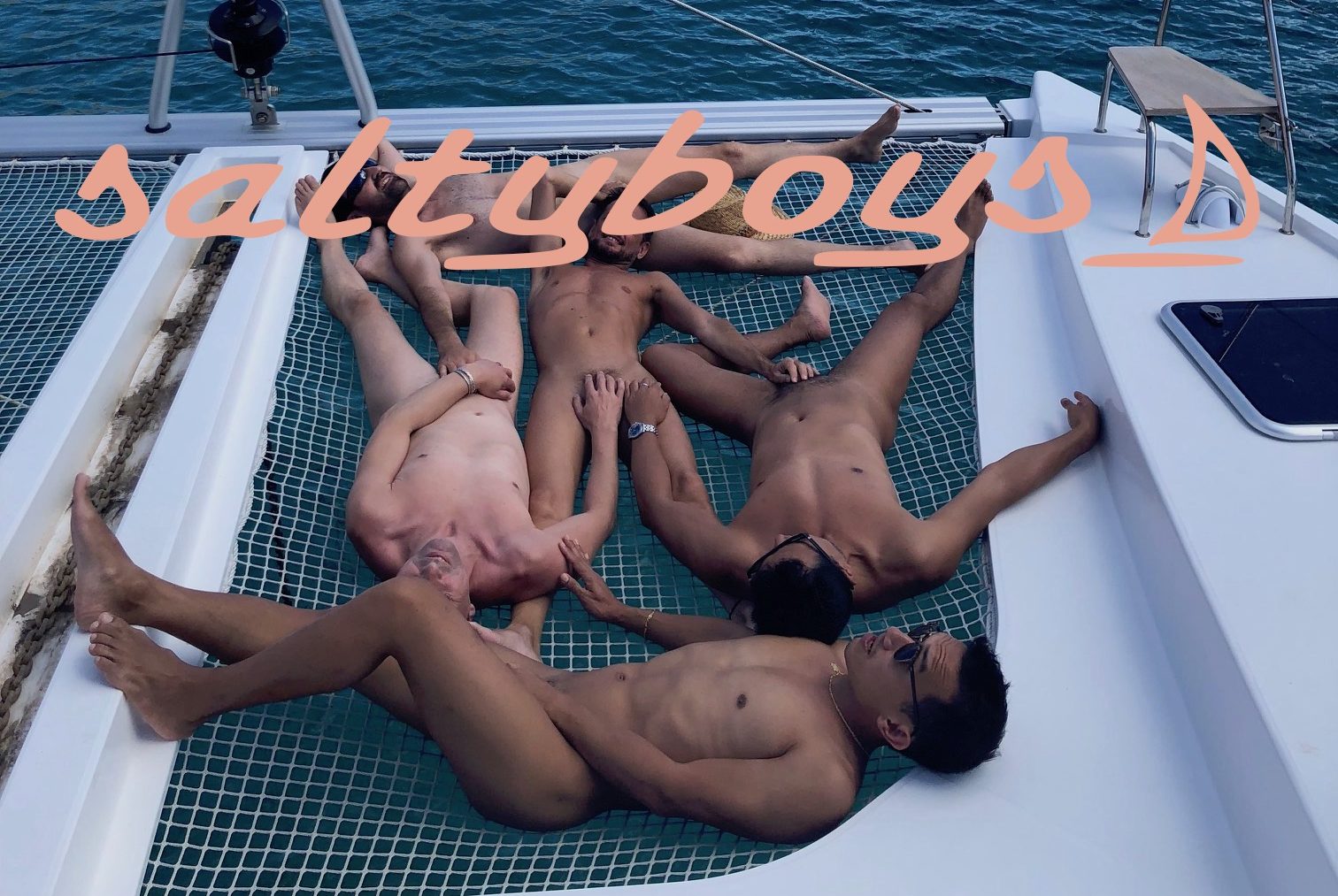 Saltyboys Gay Nude Sailing Cruises naked in nett male bonding on catamaran